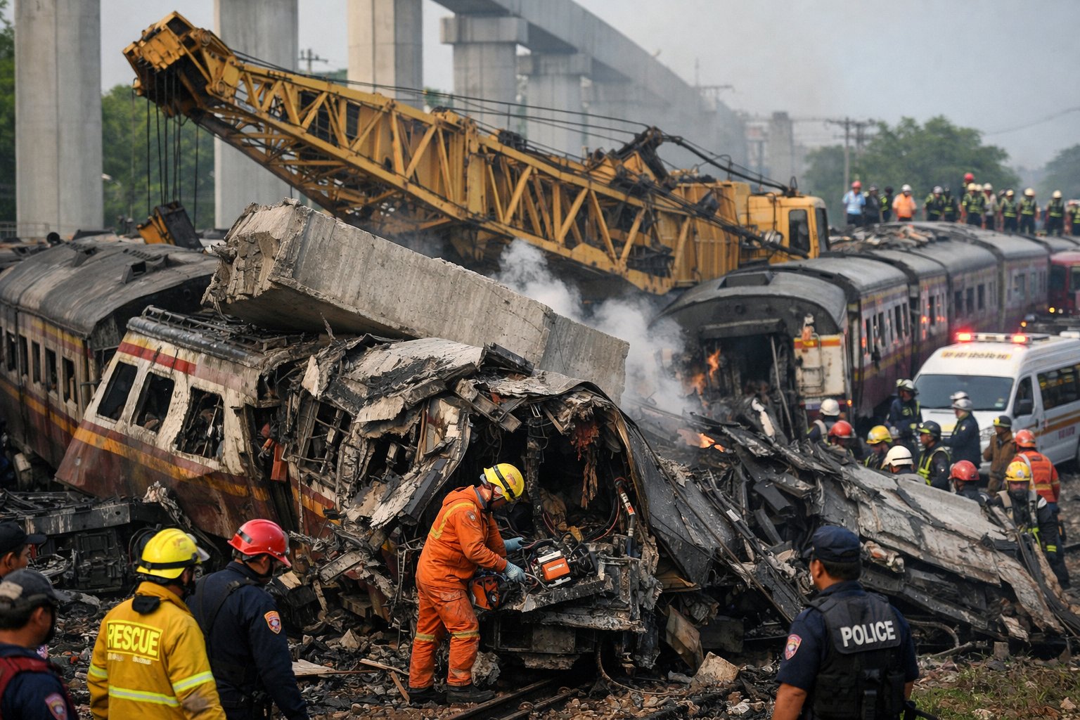 Žerjav padel na potniški vlak, ki je ravno peljal mimo, umrlo najmanj 22 ljudi (VIDEO)