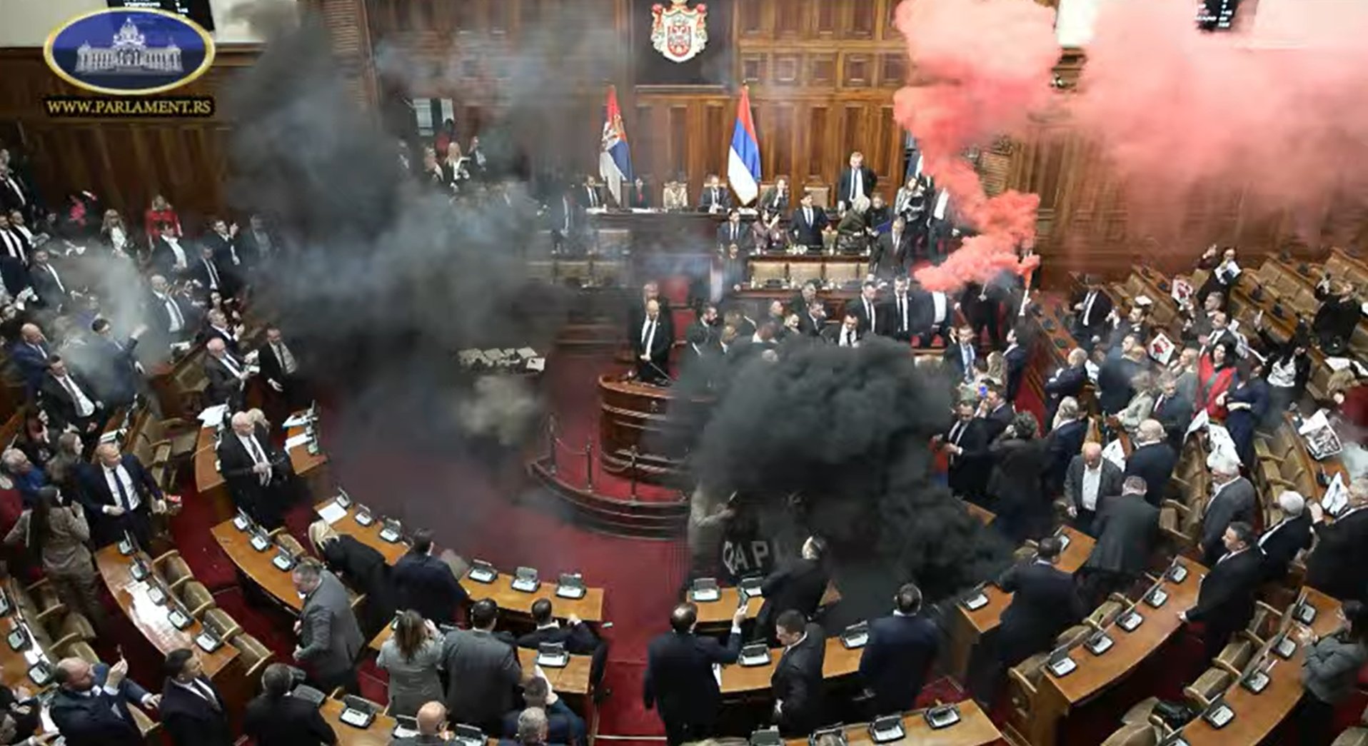 VIDEO: Kaj se dogaja v Srbiji? Na zasedanju metanje jajc, dimne bombe, dve poslanki poškodovani ...