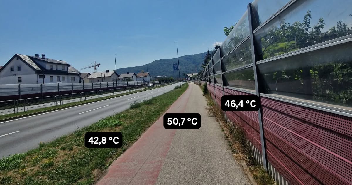 FOTO: Na mariborski kolesarski stezi termometer pokazal skoraj 51 stopinj Celzija