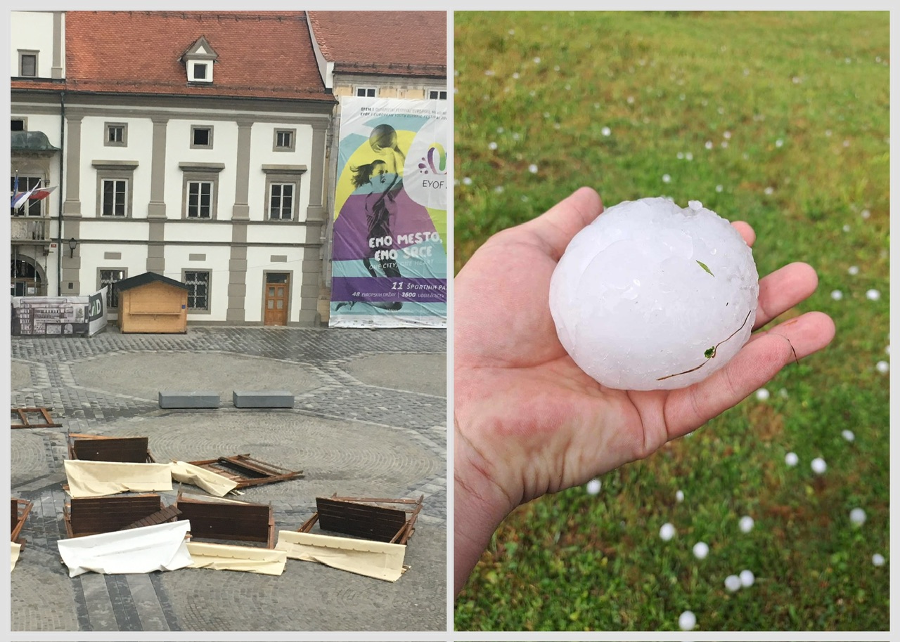 FOTO: Padala toča v velikosti dlani, v Mariboru pa veter podiral stojnice