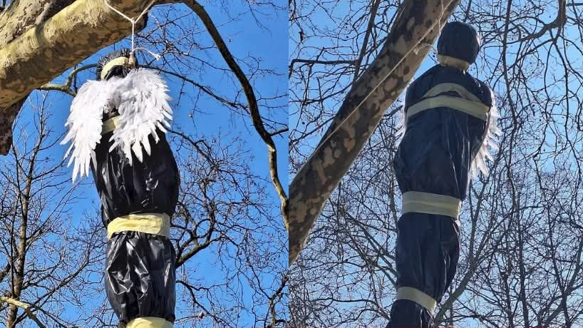 FOTO: Sredi Ljubljane na drevo obesili lutko Roberta Goloba