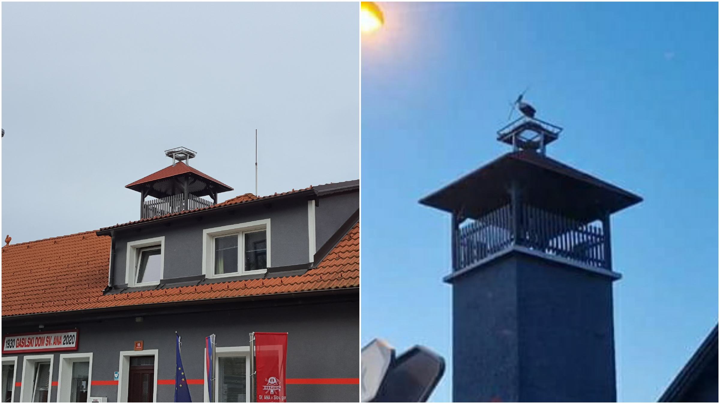 FOTO: Trud anovskih gasilcev se je poplačal, na vrhu gasilskega stolpa štrk že gradi gnezdo