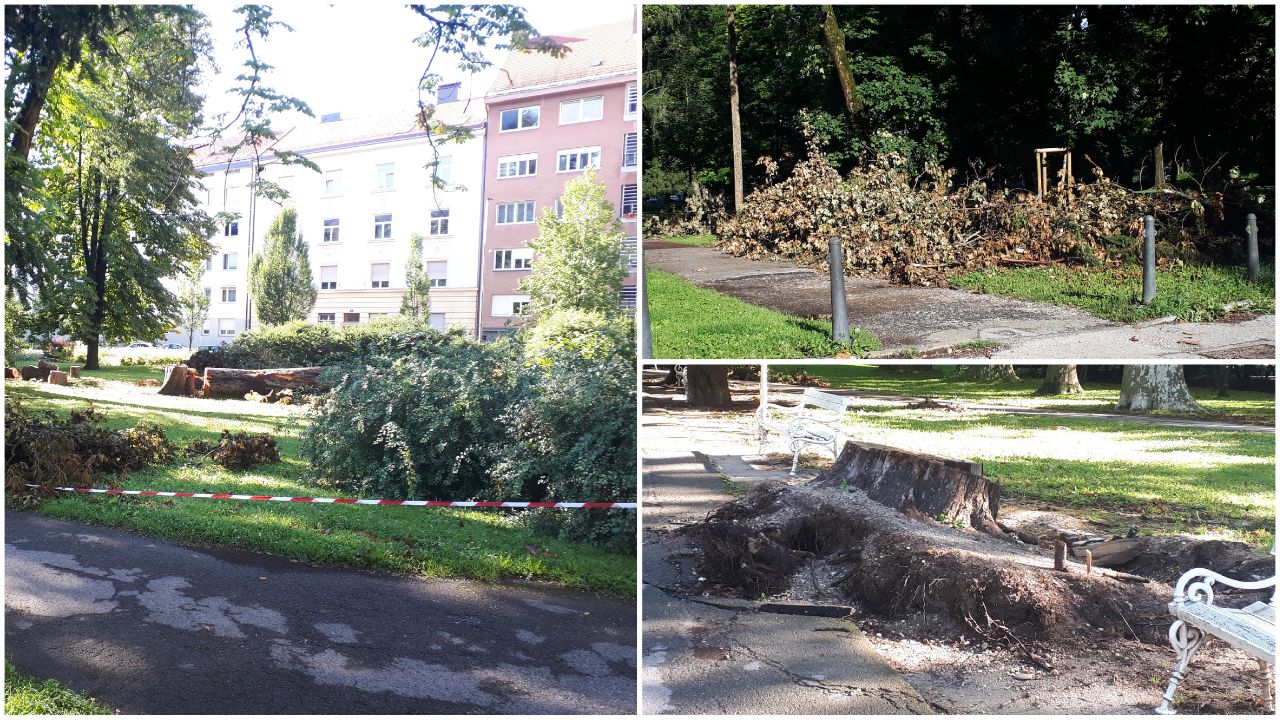 FOTO: Mestni park še vedno zaznamujejo posledice silovitih neurij