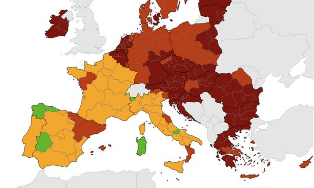 Na epidemiološkem zemljevidu rdeč in temno rdeč večji del Evrope